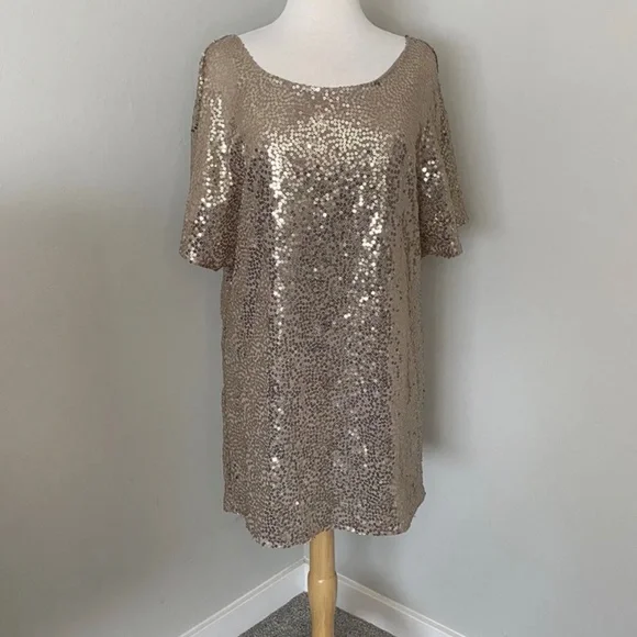 Lulus | Dresses | Lulus L Gold Sequin Shift Dress Mini Short Sleeve Back V  Dance Party Formal Euc | Poshmark